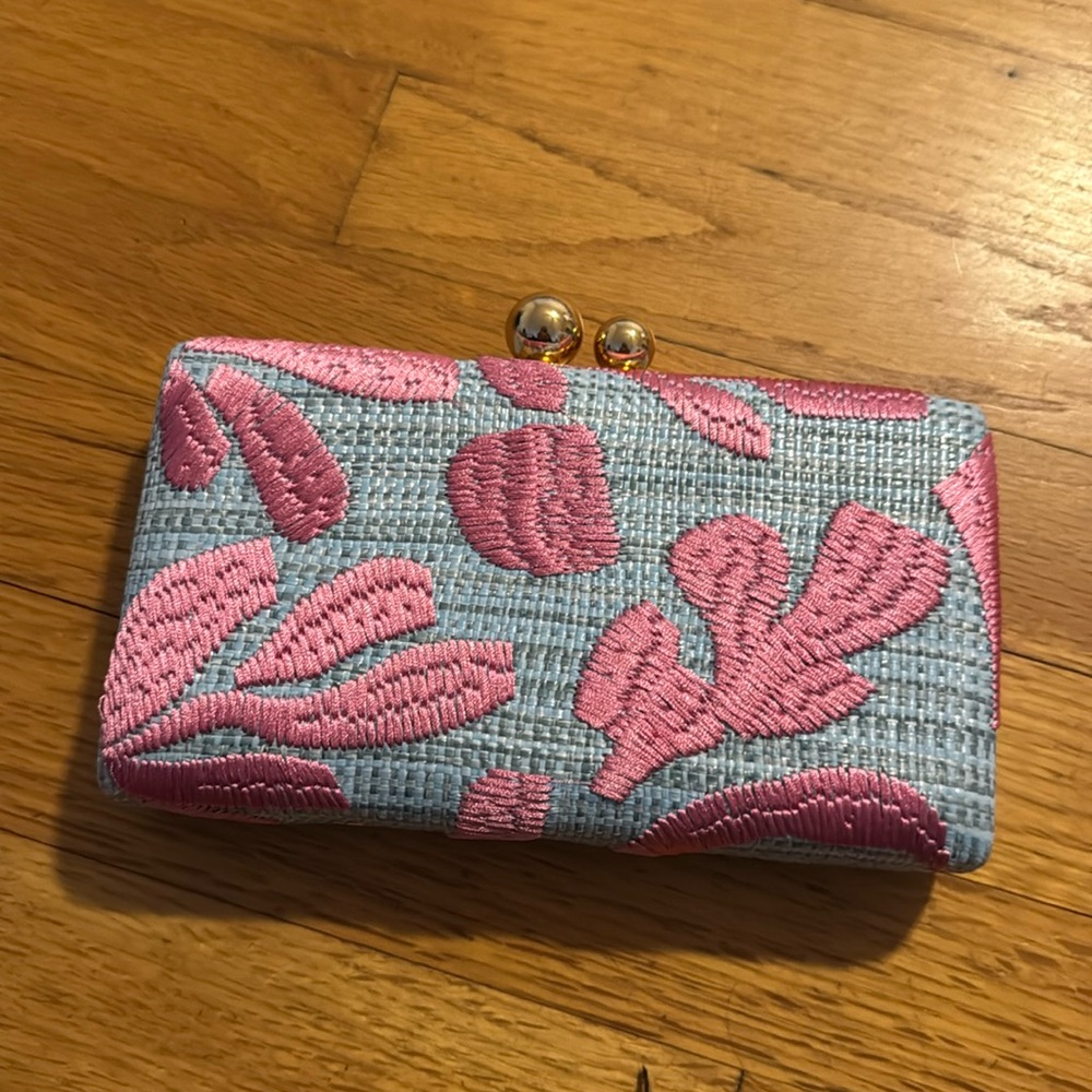 Tommy Bahama Clutch Crossbody Bag Raffia Straw Embroider Blue Pink